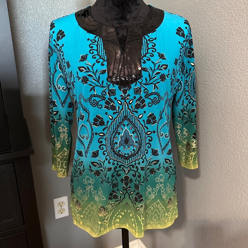 JM Collection Blouse Petite S Blue Green Ombre Sequins 3/4 Sleeve Boho Chic